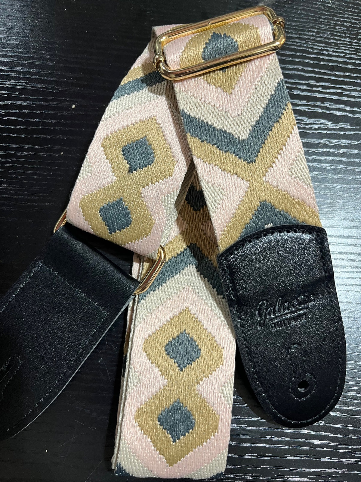 Galactic Guitars Woven Guitar Strap Diamond Pastel Pink Tan Gold Buckle