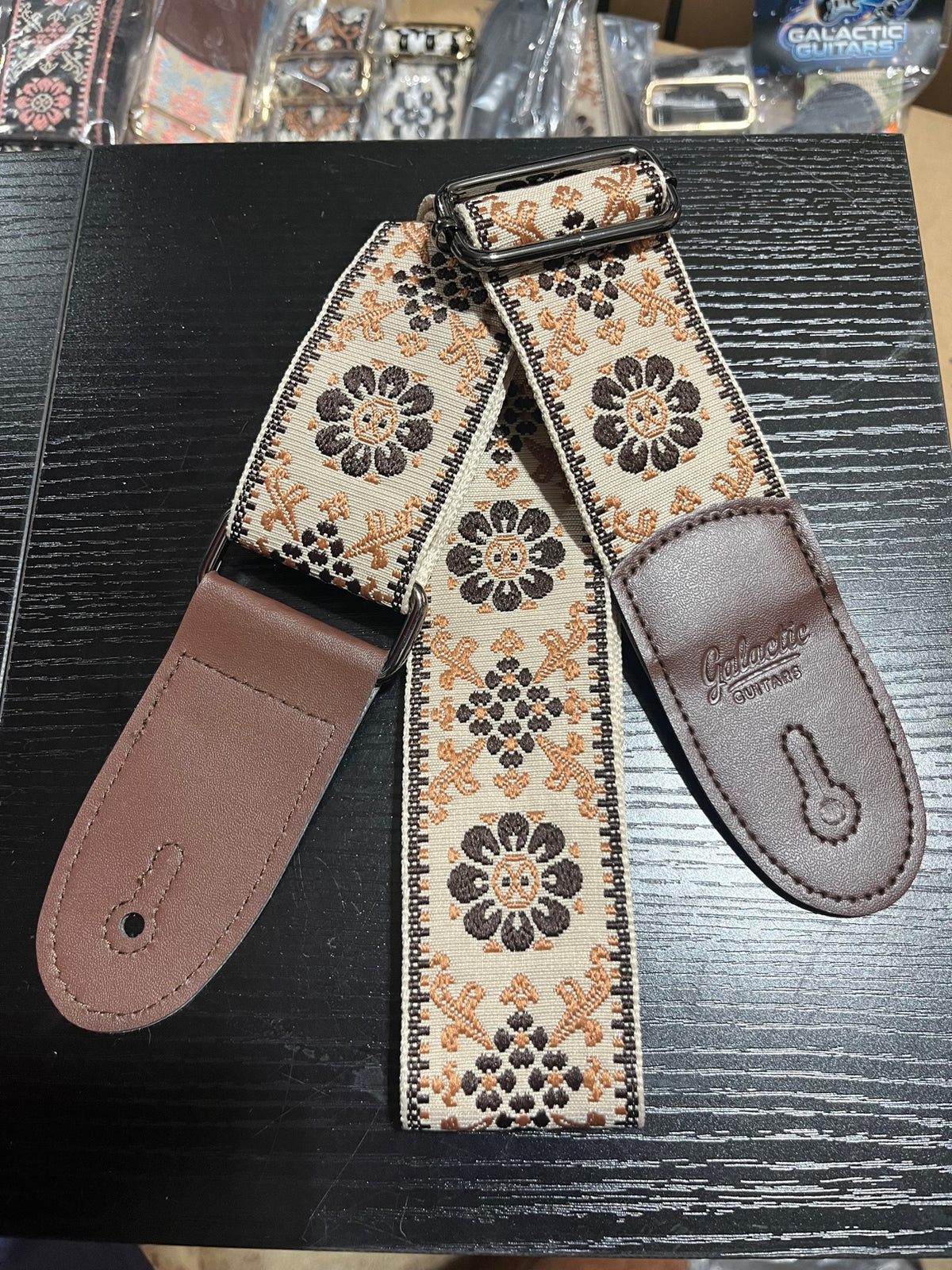 Galactic Guitars Woven Guitar Strap Medallion Floral Cream Brown Tan