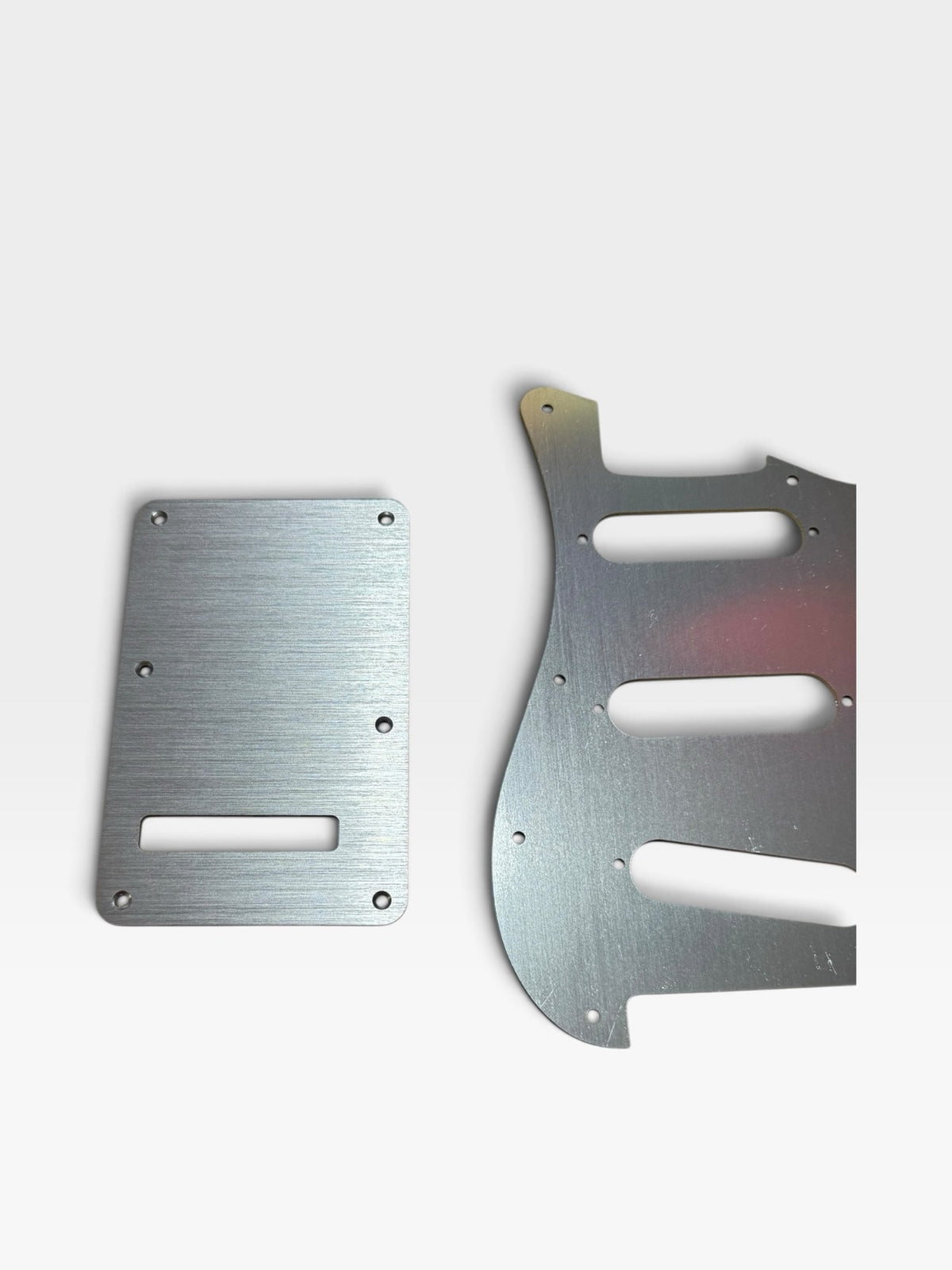 Left Handed Anodized Aluminum Strat SSS Pickguard & Back Plate — Gold / Silver / Black