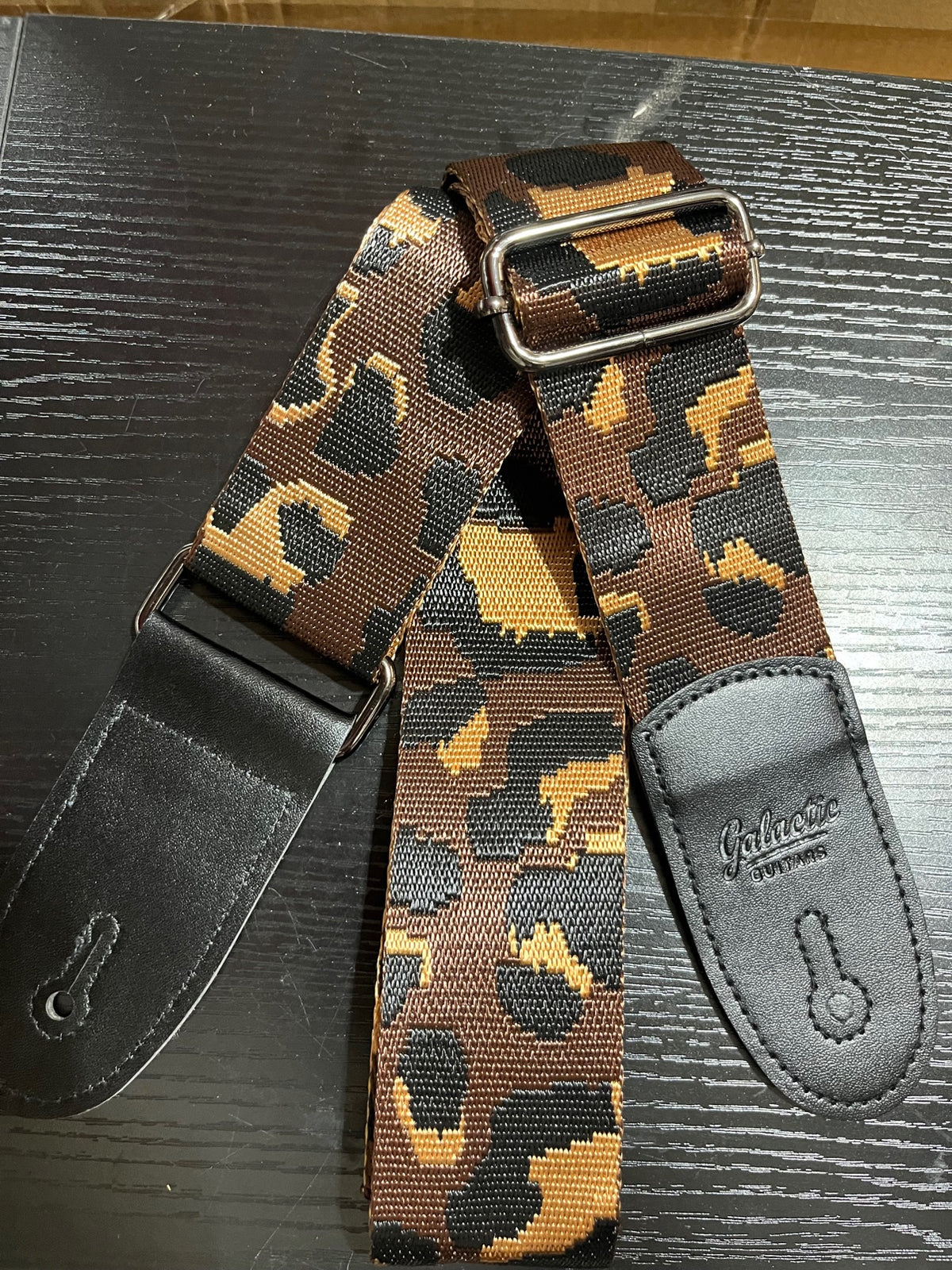 Galactic Guitars Woven Guitar Strap Camo Brown Black Tan Silver Buckle