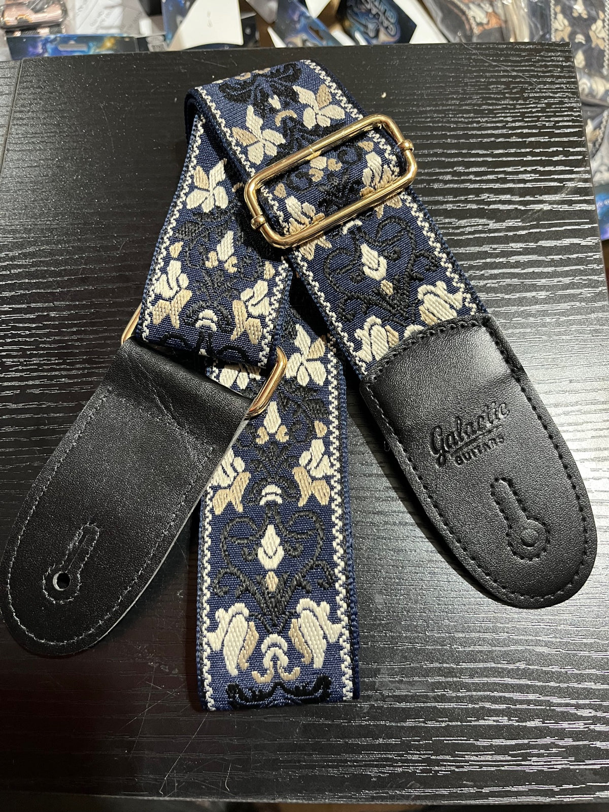 Galactic Guitars Woven Guitar Strap Boho Floral Navy Cream Gold Buckle