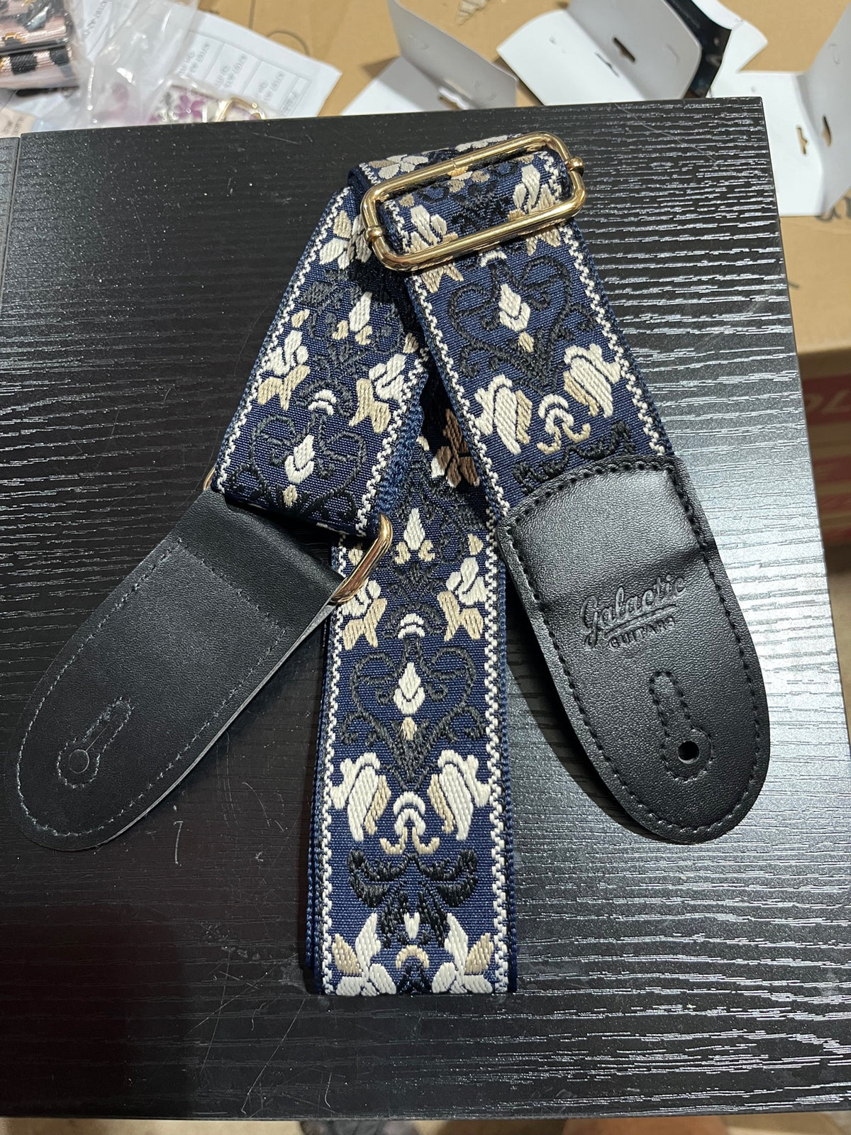 Galactic Guitars Woven Guitar Strap Boho Floral Navy Cream Gold Buckle