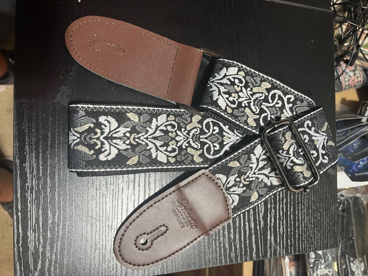 Galactic Guitars Woven Guitar Strap Vintage Floral Black Grey White