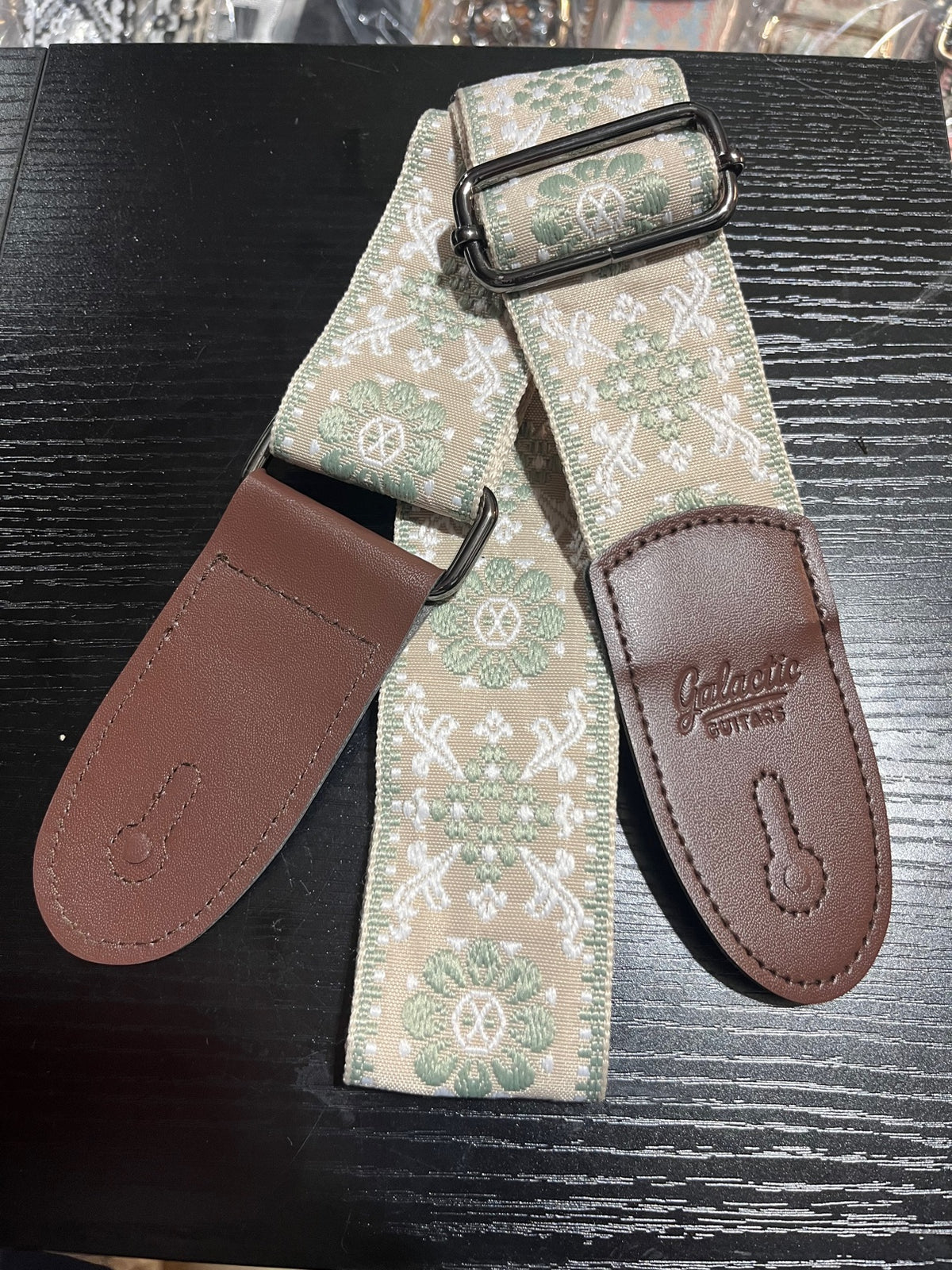 Galactic Guitars Woven Guitar Strap Medallion Floral Sage Cream