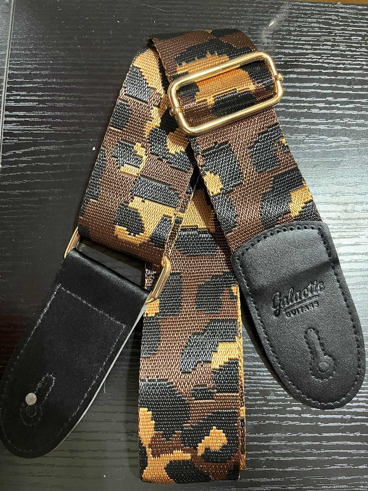 Galactic Guitars Woven Guitar Strap Camo Brown Black Tan Gold Buckle