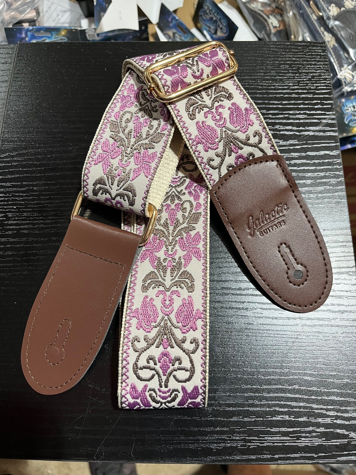Galactic Guitars Woven Guitar Strap Boho Floral Pink Purple Cream