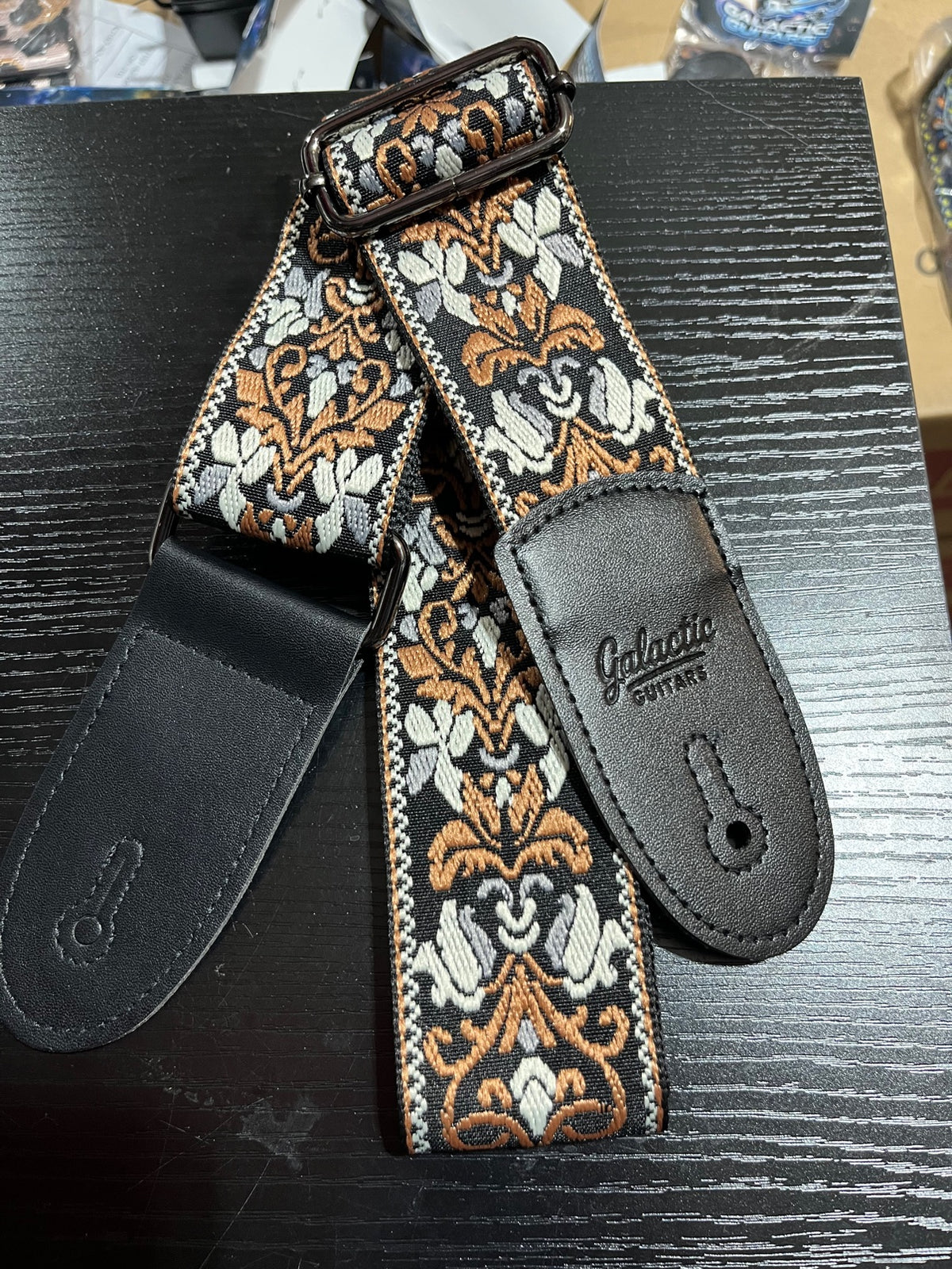 Galactic Guitars Woven Guitar Strap Vintage Floral Black Orange Cream