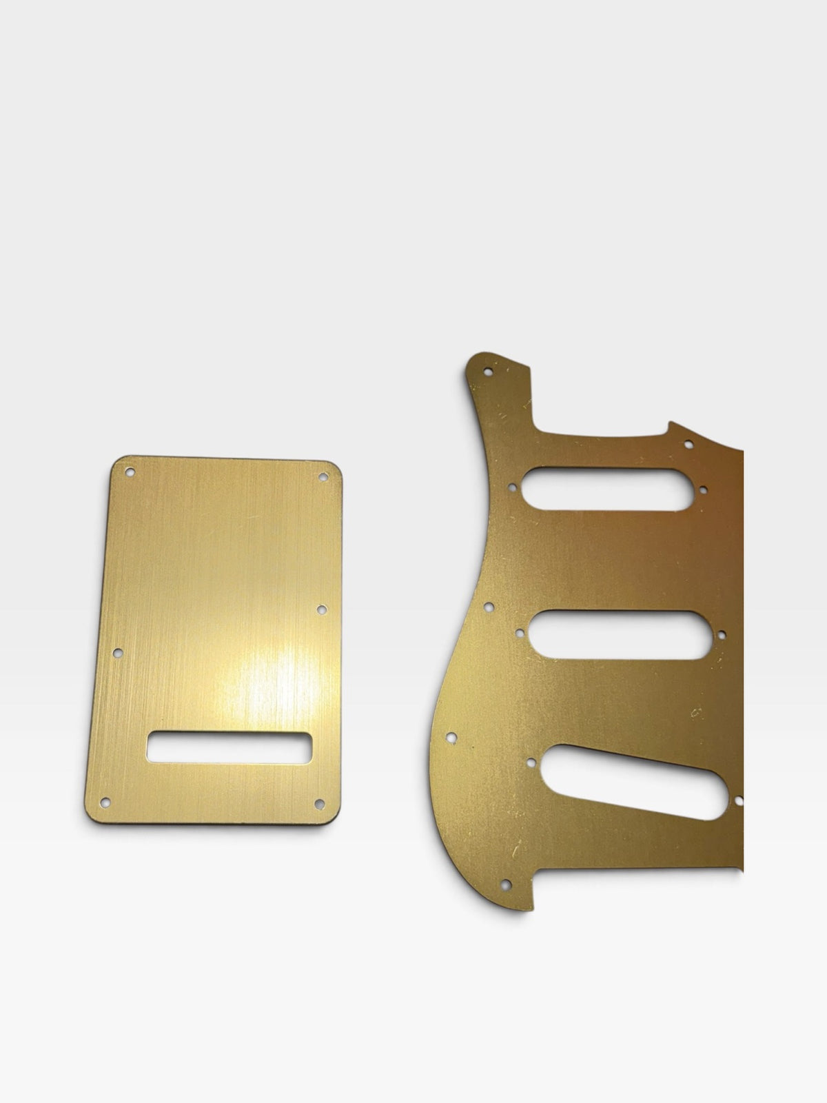 Left Handed Anodized Aluminum Strat SSS Pickguard & Back Plate — Gold / Silver / Black