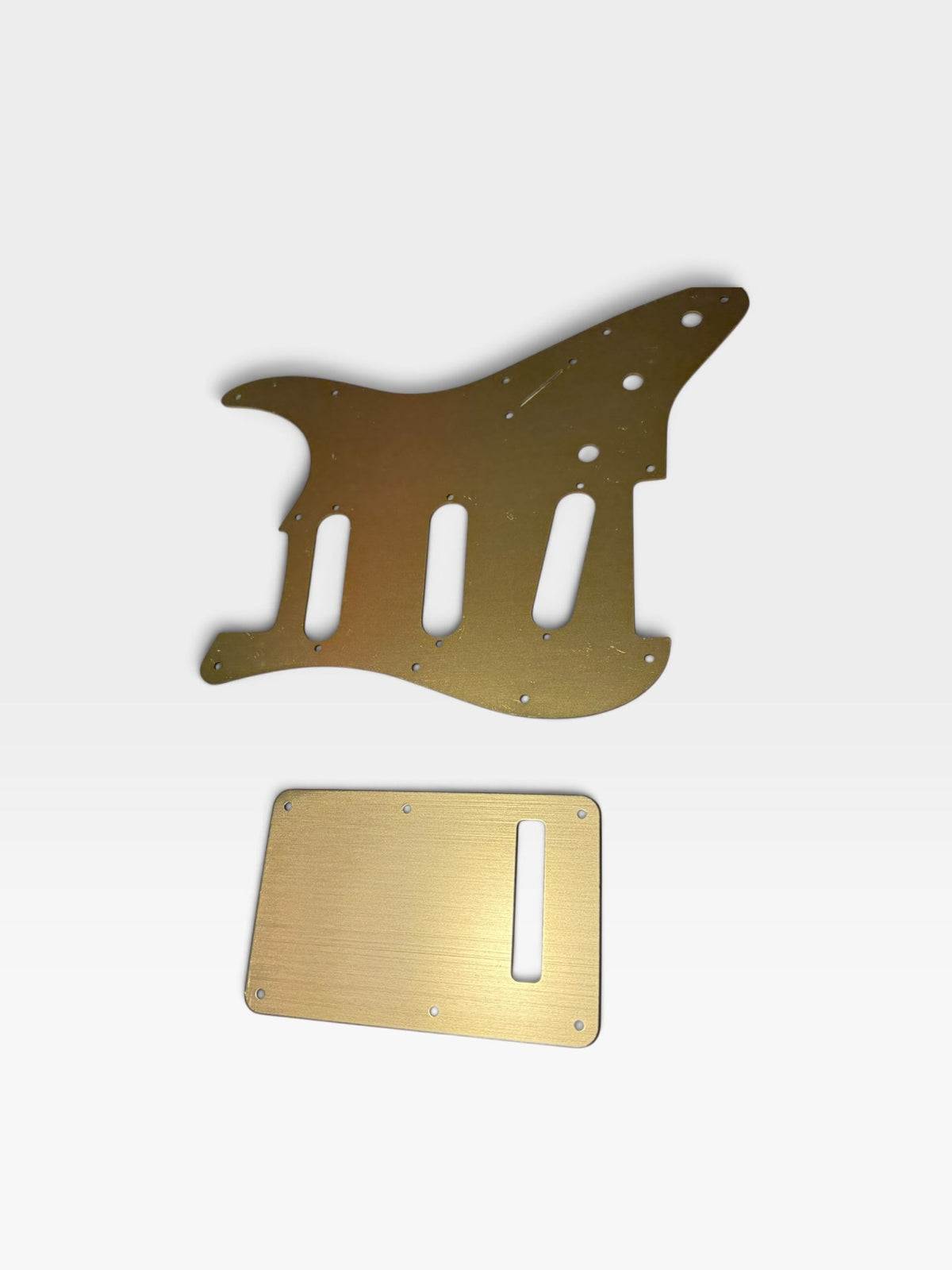 Left Handed Anodized Aluminum Strat SSS Pickguard & Back Plate — Gold / Silver / Black