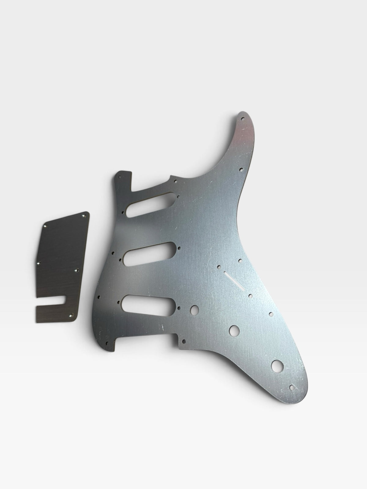 Left Handed Anodized Aluminum Strat SSS Pickguard & Back Plate — Gold / Silver / Black